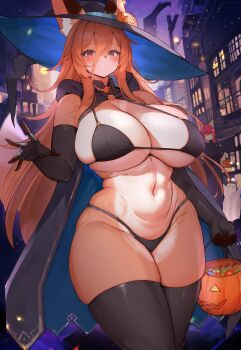 3girls absurdres animal_ear_fluff animal_ears animal_nose bikini black_bikini black_cape black_gloves black_thighhighs body_fur breasts brown_fur cape closed_mouth curvy elbow_gloves fox_ears fox_girl fox_tail furry furry_female ghost_costume gloves halloween halloween_costume hat highres jack-o&#039;-lantern kyuuri24 lamppost long_hair multiple_girls navel night open_mouth orange_fur original revealing_clothes skindentation smile solo solo_focus stomach swimsuit tail thick_thighs thighhighs thighs town trick_or_treat two-tone_fur underboob very_long_hair witch witch_hat