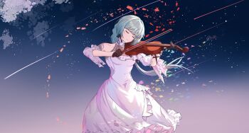 Rule 34 | 1girl, absurdres, bare shoulders, black gloves, closed eyes, closed mouth, commentary, dress, gloves, grey hair, gruisin, highres, instrument, long dress, long hair, music, phrolova (wuthering waves), playing instrument, solo, violin, white dress, wuthering waves