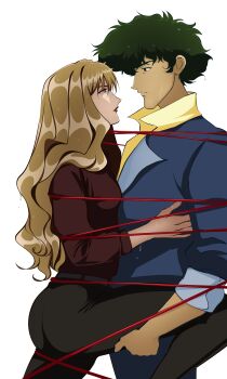 blonde_hair blue_eyes brown_eyes couple cowboy_bebop curly_hair green_eyes hug julia_(cowboy_bebop) lucyguusi spike_spiegel