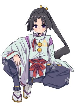 Rule 34 | 1boy, absurdres, black hair, black pants, commentary request, full body, highres, houjou tokiyuki (nige jouzu no wakagimi), japanese clothes, long hair, long sleeves, looking at viewer, male focus, nige jouzu no wakagimi, pants, ponytail, purple eyes, ribbon-trimmed sleeves, ribbon trim, sash, simple background, sitting, smile, solo, tabi, trap, tsubatya, white background, wide sleeves