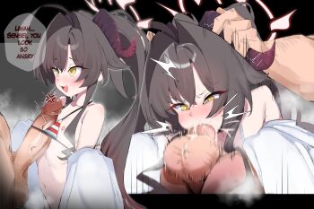 1boy 1girl :3 ^^^ ahoge anger_vein arm_hair armpit_crease bare_shoulders bikini bikini_top_lift black_hair blue_archive blush cheek_bulge clothed_female_nude_male clothes_lift commentary cum cum_in_mouth curved_horns english_commentary english_text fang fellatio flat_chest gen_(unzzenasd) halo halterneck hand_on_another's_head hetero highres horn_grab horns kasumi_(blue_archive) kasumi_(swimsuit)_(blue_archive) lab_coat large_penis loli long_sidelocks mesugaki motion_blur motion_lines navel nipples nude official_alternate_costume official_alternate_hairstyle oral penis penis_in_swimsuit sensei_(blue_archive) sidelocks skin_fang sleeves_past_fingers sleeves_past_wrists small_sweatdrop speech_bubble steaming_body striped_bikini striped_clothes swimsuit testicles twintails twitching_penis uncensored veins veiny_penis yellow_eyes