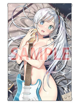 bed_sheet blue_eyes breasts completely_nude convenient_censoring green_eyes grey_hair guitar henjin_no_salad_bowl heterochromia holding holding_guitar holding_instrument instrument kantoku large_breasts livia_de_udis long_hair lying nude sample_watermark side_ponytail watermark