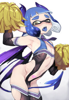 1boy arched_back armlet armpits black_gloves black_mask black_slingshot_swimsuit blue_hair blue_slingshot_swimsuit blue_tongue brown_eyes bulge cheerleader colored_tongue commentary_request cosplay cowboy_shot crossdressing crossdressing_(mtf) demon_horns demon_tail demon_wings detached_collar eye_mask gloves highres hiiragi_kagami hiiragi_kagami_(cosplay) hiiragi_kagami_(succubus_cheer) hiiragi_kagami_(succubus_cheer)_(cosplay) holding holding_pom_poms horns inkling inkling_boy inkling_player_character jewelry long_sidelocks lucky_star male_focus mask navel necktie nintendo open_mouth pom_pom_(cheerleading) pom_poms pubic_tattoo purple_necktie purple_wings short_hair short_necktie sidelocks simple_background skinny slingshot_swimsuit solo splatoon_(series) squinting swimsuit tail tattoo tentacle_hair thick_eyebrows tongue tongue_out trap underbust unso_1 white_background wings