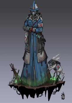 1girl absurdres alternate_costume alternate_design animal armband artist_logo barbed_wire belt_pouch blood blood_stain blue_coat brown_gloves chang&#039;e_(smite) coat combat_helmet combat_medic commentary cross cyborg dirty dirty_clothes english_commentary first_aid_kit full_body gas_mask gloves gradient_background grey_background gun handgun helmet highres logo long_coat mask mechanical_arms military_combat_uniform military_uniform mud pouch rabbit red_cross red_cross_armband rod_of_asclepius scalpel single_mechanical_arm smite soldier solo_focus surgical_scissors trench_coat tweezers weapon white_armband wolfdawg_art world_war_i