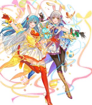 Rule 34 | 2girls, animal ear hairband, animal ears, aqua eyes, aqua hair, attack, bare shoulders, bird, black pantyhose, blue eyes, blue hair, blue shirt, blush, boots, breasts, brown boots, brown gloves, dress, egg, eirika (fire emblem), eirika (spring company) (fire emblem), fake animal ears, fake tail, fingerless gloves, fire emblem, fire emblem: radiant dawn, fire emblem: the sacred stones, fire emblem heroes, flower, gloves, grey hair, hair ribbon, hairband, high heels, highres, holding, kippu, long hair, looking at viewer, micaiah (fire emblem), micaiah (spring company) (fire emblem), multiple girls, neckerchief, nintendo, non-web source, official alternate costume, official art, one eye closed, open mouth, pantyhose, purple neckerchief, purple vest, rabbit ears, rabbit tail, red boots, red gloves, red neckerchief, red shirt, ribbon, shirt, skirt, sleeveless, smile, stuffed animal, stuffed rabbit, stuffed toy, tail, thigh boots, vest, white hairband, white skirt, yellow eyes, yellow vest