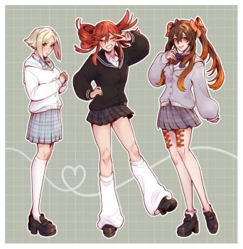 Rule 34 | 3girls, amo empool, black cardigan, black shoes, black skirt, blonde hair, blue skirt, bow, cardigan, commentary, corset piercing, diagonal-striped bow, eishia stilza, full body, gachiakuta, grey cardigan, grey skirt, hair bow, hand up, highres, leg warmers, looking at viewer, multiple girls, open mouth, orange bow, pleated skirt, red hair, riyo reaper, school uniform, shoes, short hair, skirt, smile, socks, striped bow, symbol-only commentary, twintails, umesouda, v, white cardigan, white leg warmers, white socks