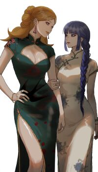 2girls alternate_hairstyle blonde_hair blue_eyes blunt_bangs boruto:_two_blue_vortex bracelet braid braided_ponytail breasts china_dress chinese_clothes cleavage cleavage_cutout clothing_cutout delta_(boruto) dress earrings grabbing_another&#039;s_arm green_dress hand_on_own_hip highres ifevilwhyuhot jewelry kakei_sumire large_breasts long_dress medium_breasts multiple_girls multiple_rings naruto_(series) pink_eyes purple_hair ring side_slit sidelocks single_braid triangle_earrings white_dress