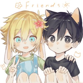 2boys :&lt; animal_ears antenna_hair basil_(faraway)_(omori) basil_(omori) black_eyes black_hair black_shirt blonde_hair blue_eyes blue_overalls blush bright_pupils cat_boy cat_ears closed_mouth double-parted_bangs english_text flower green_shirt hair_between_eyes hair_flower hair_ornament hand_on_another&#039;s_shoulder highres kemonomimi_mode knees_up looking_at_viewer makucrp male_focus multiple_boys omori open_mouth overalls rabbit_boy rabbit_ears shirt short_hair short_sleeves sidelocks simple_background smile sunny_(omori) t-shirt v white_background white_pupils