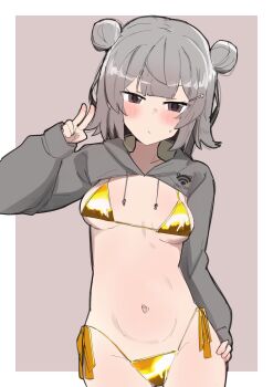1girl :/ bikini blush border braid breasts brown_background brown_eyes center-flap_bangs cevio collarbone commentary_request cowboy_shot cropped_hoodie double-parted_bangs drawstring gold_bikini grey_hair grey_shrug hand_on_own_hip highleg highleg_bikini highres hood hood_down hoodie koharu_rikka looking_at_viewer medium_breasts medium_hair meruni micro_bikini navel outside_border shrug_(clothing) side-tie_bikini_bottom sidelocks simple_background solo standing stomach string_bikini sweat swimsuit synthesizer_v twin_braids v voiceroid white_border
