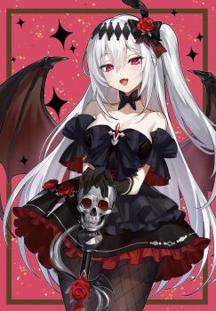 1girl absurdres bare_shoulders bat_wings black_bow black_bowtie black_dress black_gloves bow bowtie breasts commentary_request commission demon_girl dress fishnet_pantyhose fishnets flower frilled_dress frills gloves green322 hair_flower hair_ornament highres long_hair looking_at_viewer mare_(ac8231) medium_breasts naked_bowtie one_side_up open_mouth original pantyhose red_eyes red_flower red_rose rose second-party_source skeb_commission solo white_hair wings