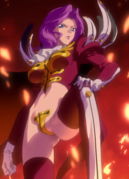 1girl boots breasts cape code_geass commission cornelia_li_britannia embers fire groin highres juliet_sleeves leg_up long_sleeves looking_at_viewer maebari medium_breasts nadeara_bukichi navel puffy_sleeves purple_eyes purple_hair serious skeb_commission solo thigh_boots