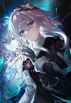 2girls absurdres black_flower black_gloves closed_eyes closed_mouth dual_persona evernight_(honkai:_star_rail) flower gloves hair_flower hair_ornament highres honkai:_star_rail honkai_(series) march_7th_(honkai:_star_rail) multiple_girls official_alternate_eye_color pink_hair twitter_username upper_body yugo_(yugonm222)