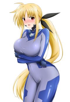 Rule 34 | 1girl, absurdres, arms under breasts, black ribbon, blonde hair, blue bodysuit, blush, bodysuit, breasts, commission, cosplay, covered navel, crossed arms, embarrassed, fate testarossa, hair ribbon, highres, large breasts, long hair, looking at viewer, lyrical nanoha, mahou shoujo lyrical nanoha, numbers&#039; uniform, numbers (nanoha), open mouth, oshimaru026, pixiv commission, ponytail, red eyes, ribbon, shiny clothes, sidelocks, simple background, skin tight, smile, solo, variant set, very long hair, white background