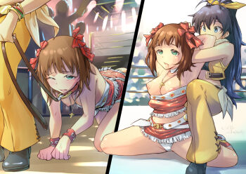2girls amami_haruka armpits blue_eyes breasts brown_hair clothes_around_waist collar cross cross_necklace defeat femdom ganaha_hibiki green_eyes hair_ribbon humiliation idolmaster idolmaster_(classic) jelly_shrimp jewelry leash leash_pull long_hair midriff multiple_girls necklace nipple_slip nipples panties pet_play ponytail ribbon ryona shirt shirt_around_waist skirt top_pull underwear wrestling wrestling_ring