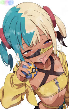 1girl aqua_hair bandeau black_mask blonde_hair blue_eyes blue_nails breasts canari_(pokemon) commentary_request criss-cross_straps dark-skinned_female dark_skin fellatio_gesture highres jacket looking_at_viewer mask mask_lift mouth_mask multicolored_hair navel nintendo poke_ball pokemon pokemon_legends:_z-a quick_ball saliva shinonome_fuurin short_twintails signature small_breasts solo split-color_hair sweat tongue tongue_out translation_request twintails two-tone_mask white_background yellow_bandeau yellow_jacket yellow_mask yellow_nails zipper