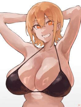 1girl :d aizawa_kanna armpits arms_behind_head arms_up artist_name bare_arms bare_shoulders bikini black_bikini breasts cleavage commentary_request fukuya_art gradient_background grey_background grin hair_between_eyes halterneck highres hima-ten! huge_breasts looking_at_viewer open_mouth orange_eyes orange_hair short_hair smile solo swimsuit two-tone_background upper_body white_background