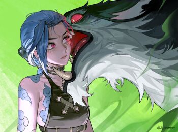 1girl 3_baenam arcane:_league_of_legends arcane_jinx bare_shoulders blue_hair braid breasts cloud_tattoo commentary crop_top english_commentary gloves highres jinx_(league_of_legends) league_of_legends long_hair pink_eyes small_breasts solo tattoo twin_braids warwick wolf