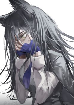 1girl animal_ears arknights black_hair black_jacket black_vest bolo_tie commentary covering_face crazy fingerless_gloves from_side gloves gradient_background grey_background hands_on_own_face highres horobu jacket jacket_on_shoulders long_hair long_sleeves looking_down messy_hair official_alternate_costume purple_gloves scared shirt solo sweatdrop texas_(arknights) texas_the_omertosa_(arknights) upper_body vest white_background white_shirt wolf_ears wolf_girl worried yellow_eyes