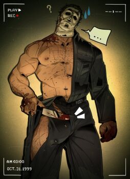 Rule 34 | 1boy, ?, bara, black jumpsuit, blood, blood on hands, blood on shoulder, bloody knife, bulge, chris sdd, comedic sweatdrop, cowboy shot, halloween (movie), head tilt, highres, holding, holding knife, jumpsuit, knife, male focus, mask, michael myers, muscular, muscular male, nipples, notice lines, open jumpsuit, recording, single bare shoulder, solo, sparse chest hair, torn clothes, torn jumpsuit, twitter username, viewfinder, white mask