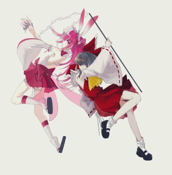 2girls animal_ears ascot back beatmania_iidx bemani black_hair black_sandals black_shoes bow closed_mouth commentary_request crossover detached_sleeves fake_animal_ears frilled_bow frilled_hair_tubes frills full_body gohei hair_bow hair_tubes hakurei_reimu highres holding holding_gohei long_hair mary_janes multiple_girls ofuda pink_hair pleated_skirt purple_eyes rabbit_ears red_bow red_shirt red_skirt ribbon-trimmed_sleeves ribbon_trim sandals shirt shoes simple_background sixsec6ndzlater skirt skirt_set sleeveless sleeveless_shirt smile socks touhou trait_connection umegiri_ameto white_background white_sleeves white_socks yellow_ascot