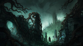 arch bad_link bare_tree brick_wall cloud cloudy_sky jjcanvas moss original painterly plant_roots ruins scenery signature sky tower tree watermark web_address