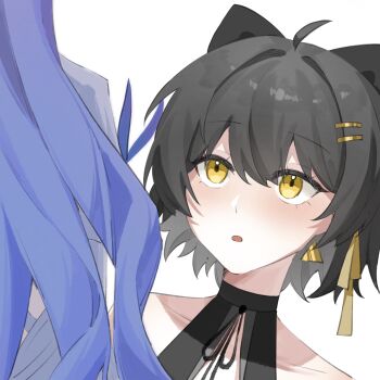 2girls absurdres ahoge black_bow black_hair bow cantarella_(wuthering_waves) chinese_commentary commentary_request earrings female_rover_(wuthering_waves) hair_bow hair_ornament hair_ribbon hairclip highres jewelry long_hair looking_at_another multiple_girls parallel_hairclips parted_lips purple_hair ribbon rover_(wuthering_waves) solo_focus triangle_earrings wuthering_waves yellow_eyes yellow_ribbon youmiao_oxo