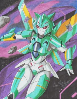 absurdres airplane_wing animal_ears cat_ears colored_skin crotch_plate decepticon extra_eyes fang glowing glowing_eyes helmet highres humanoid_robot insignia lyzack mechanical_wings ravernclouk_design red_eyes robot robot_girl science_fiction solo transformers wings