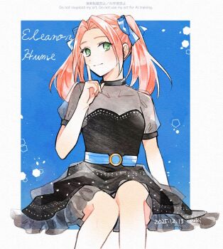 1girl artist_name belt black_dress blue_belt blue_ribbon character_name closed_mouth collarbone commentary_request cursive dated dot_nose dress eleanor_hume enoki_(megaclam) finger_to_mouth formal_clothes frilled_dress frills green_eyes hair_ribbon invisible_chair light_blush long_hair looking_at_viewer official_alternate_costume orange_hair puffy_short_sleeves puffy_sleeves ribbon see-through_clothes short_sleeves sitting smile solo tales_of_(series) tales_of_berseria twintails