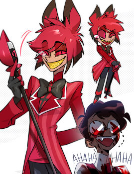 1boy :d absurdres alastor_(hazbin_hotel) alastor_(human)_(hazbin_hotel) black_bow black_bowtie black_pants blood bow bowtie brown_hair chibi collared_shirt colored_sclera commentary_request demon_boy evil_grin evil_smile formal_clothes glasses grin hazbin_hotel hellaverse highres holding holding_staff looking_at_viewer male_focus monocle open_mouth pants red_eyes red_hair round_eyewear sharp_teeth shirt short_hair smile staff suit tar_tntn teeth upper_teeth_only