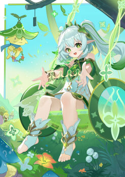1girl absurdres aether_(genshin_impact) aranara_(genshin_impact) bare_shoulders bracelet chinese_commentary commentary_request day detached_sleeves dress genshin_impact gold_trim gradient_hair green_eyes green_hair green_sleeves hair_between_eyes hair_ornament highres jewelry leaf_hair_ornament light_blush long_hair looking_at_viewer multicolored_hair nahida_(genshin_impact) npp_(artist) on_swing open_mouth outdoors outstretched_arms paimon_(genshin_impact) side_ponytail sitting sleeveless sleeveless_dress solo_focus stirrup_legwear swing symbol-shaped_pupils teeth toeless_legwear toes upper_teeth_only white_dress white_hair