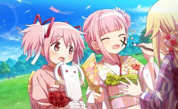 3girls anime_coloring artist_request back_bow blonde_hair blue_sky blunt_bangs bow calligraphy_brush checkered_bow checkered_clothes cherry_blossom_print closed_eyes cloud day dot_nose field fingernails floral_print flower frilled_sleeves frills frown game_cg gloves hair_between_eyes hair_bow hair_bun hair_flower hair_ornament hair_ribbon haregi highres holding holding_calligraphy_brush holding_paddle holding_paintbrush japanese_clothes jewelry kaname_madoka kaname_madoka_(haregi_ver.) kimono kite kyubey light_blush light_particles long_hair long_sleeves magia_record:_mahou_shoujo_madoka_magica_gaiden mahou_shoujo_madoka_magica mahou_shoujo_madoka_magica_magia_exedra mitsuki_felicia mitsuki_felicia_(haregi_costume) multiple_girls obi official_alternate_costume official_art open_mouth outdoors paddle paintbrush painting_(action) park pink_eyes pink_flower pink_hair pink_kimono pink_sash print_kimono purple_bow purple_flower purple_kimono raised_inner_eyebrows red_bow red_ribbon ribbon ring sash short_hair short_twintails single_hair_bun single_sidelock sky sleeves_past_wrists surprised tamaki_iroha tamaki_iroha_(haregi_costume) tareme third-party_source tree twintails updo upper_body waist_bow white_bow white_gloves white_kimono wide_sleeves