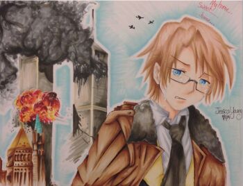 1boy 9/11 aircraft airplane america_(hetalia) axis_powers_hetalia black_necktie blonde_hair blue_eyes brown_jacket coat crying crying_with_eyes_open dated english_text explosion fur-trimmed_coat fur_trim glasses jacket male_focus meijay necktie semi-rimless_eyewear shirt short_hair smoke solo tears terrorism under-rim_eyewear white_shirt world_trade_center