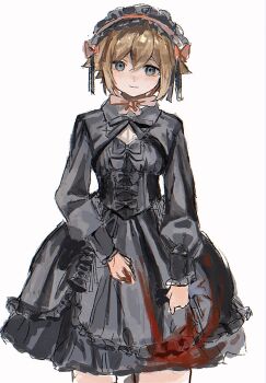 1boy alternate_costume basil_(faraway)_(omori) basil_(omori) black_bonnet black_bow black_bowtie black_dress blonde_hair blood blood_on_clothes blood_on_hands bonnet bow bowtie chinese_commentary cleavage_cutout closed_mouth clothing_cutout collared_dress commentary_request cowboy_shot crossdressing crossdressing_(mtf) dress empty_eyes flipped_hair frilled_bonnet frilled_dress frilled_sleeves frills highres long_sleeves male_focus omori puffy_long_sleeves puffy_sleeves red_bonnet red_bow short_dress short_hair sidelocks simple_background sleeve_cuffs smile solo standing straight-on tokkooyaku white_background