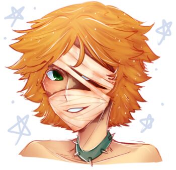 1boy bandages bandage_on_face blonde_hair collar dead_rising dead_rising_3 dylan_fuentes green_eyes male_focus simple_background smile solo teeth