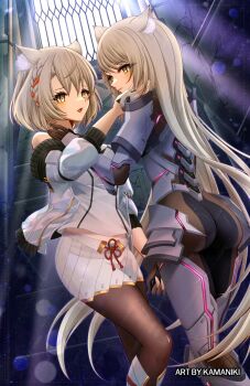 2girls animal_ears armor ass blush braid day fingerless_gloves gloves grabbing_another's_face head_grab highres holding_hands jacket kamaniki leggings long_hair looking_at_another m_(xenoblade) mio_(xenoblade) multiple_girls short_hair smile watermark white_hair window xenoblade_chronicles_(series) yellow_eyes yuri