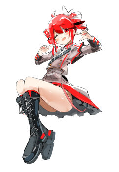 Rule 34 | 1girl, ahoge, ass, blush, blush stickers, boots, dot nose, drill hair, finger to cheek, fingers to cheeks, full body, grey jacket, grey skirt, highres, jacket, kasane teto, kasane teto (sv), mp777b, red eyes, simple background, skirt, solo, synthesizer v, thighs, utau, white background