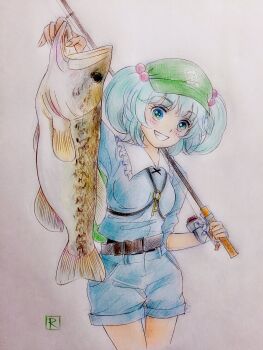 1girl animal backpack bag bass_(fish) beads blue_eyes blue_hair blue_jacket blue_shorts blush collar cowboy_shot fish fishing fishing_rod green_bag green_visor grin hair_beads hair_ornament highres holding holding_animal holding_fish holding_fishing_rod jacket kawashiro_nitori key q-bee_(aaru) short_twintails shorts smile solo touhou traditional_media twintails undershirt white_background white_collar