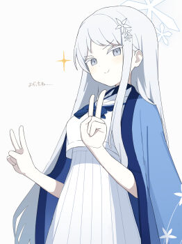 1girl absurdres ame_miya_ta blue_archive blue_halo blue_haori blue_neckerchief blush commentary_request cowboy_shot cropped_shirt double_v grey_eyes hair_ornament halo haori highres japanese_clothes long_hair long_sidelocks long_skirt looking_at_viewer nagusa_(blue_archive) neckerchief parted_bangs pleated_skirt sailor_collar shirt sidelocks simple_background skirt smile snowflake_hair_ornament solo sparkle standing translation_request v white_background white_hair white_sailor_collar white_shirt white_skirt