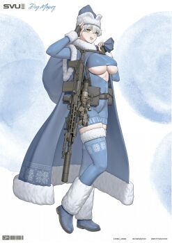 1girl absurdres black_gloves blue_thighhighs boots breasts cape covered_navel fingerless_gloves girls'_frontline gloves gun hat highres j_adsen medium_breasts short_hair svu_(girls'_frontline)_(j_adsen) thighhighs underboob weapon white_hair yellow_eyes