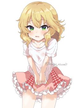 1girl blonde_hair blush buttons collarbone covered_erect_nipples cowboy_shot dot_nose double-parted_bangs embarrassed green_eyes hair_between_eyes highres idolmaster idolmaster_cinderella_girls leaning_forward loli looking_at_viewer pink_skirt remiri_nicoeli sakurai_momoka see-through_clothes see-through_shirt shirt shirt_tug short_hair sidelocks simple_background skirt solo thighs twitter_username wavy_mouth white_background white_shirt