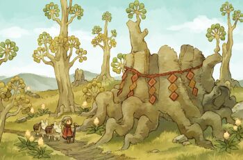 1girl absurdres animal boulder brown_hair cloud commentary_request day dirt_road dress flower full_body highres holding holding_staff koki08186863 long_hair long_sleeves mountainous_horizon original outdoors red_dress road rope saddlebags shide shimenawa solo staff tree tree_stump wide_shot