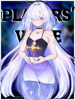 1girl bare_shoulders blush breasts closed_mouth colored_eyelashes commentary dress english_commentary fingernails gradient_clothes gradient_dress grey_hair hair_intakes hair_ornament halo highres holding long_hair looking_at_viewer medium_breasts mornye_(wuthering_waves) purple_dress red_eyes revision see-through_body sillymyne smile solo tacet_mark_(wuthering_waves) the_game_awards twitter_username very_long_hair wuthering_waves