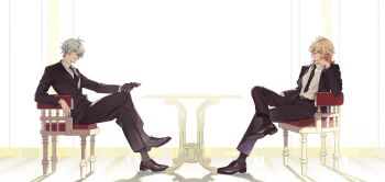 Rule 34 | 2boys, absurdres, antenna hair, black gloves, black jacket, black necktie, black pants, black shoes, black socks, blonde hair, blue eyes, braid, collared shirt, facial tattoo, from side, full body, gloves, gradient hair, head rest, highres, holding, holding gloves, holding unworn clothes, honkai: star rail, honkai (series), jacket, male focus, medium hair, migan, multicolored hair, multiple boys, mydei (honkai: star rail), necktie, pants, parted bangs, phainon (honkai: star rail), profile, red hair, red tattoo, shirt, shoes, short hair, side braid, single glove, sitting, socks, suit jacket, tattoo, unworn gloves, white hair, white shirt, yellow eyes