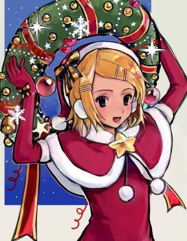 1girl blonde_hair blue_eyes blush bow brooch capelet christmas_wreath dress earmuffs elbow_gloves fur-trimmed_capelet fur-trimmed_gloves fur_trim gloves hair_ornament hairclip hashtag-only_commentary hat hat_bow highres holding holding_wreath jewelry kagamine_rin open_mouth red_capelet red_dress red_gloves red_hat santa_costume santa_hat short_hair smile solo star_brooch vocaloid wreath zalupk228