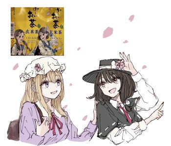 Rule 34 | 4girls, :d, bag, black capelet, black hat, blush, bow, brown bag, brown hair, capelet, cherry blossoms, collared dress, collared shirt, commentary, contrast collar, copyright request, derivative work, dress, falling petals, flower, flower on head, hair bow, hand on another's shoulder, hat, hat bow, holding, holding flower, kashiwada kiiho, long sleeves, looking at another, maribel hearn, medium hair, multiple girls, neck ribbon, necktie, open mouth, petals, pointing, purple dress, purple eyes, red eyes, red necktie, red ribbon, ribbon, ribbon-trimmed capelet, ribbon trim, shirt, short hair, shoulder bag, smile, touhou, translation request, usami renko, white bow, white hat, white shirt