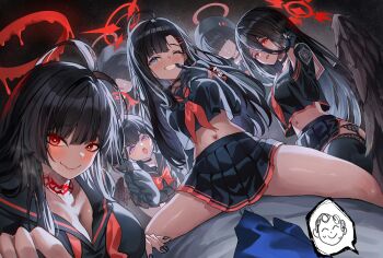 1boy 6+girls absurdres beret black_gloves black_hair black_hat black_nails black_sailor_collar black_serafuku black_shirt black_skirt black_thighhighs blue_archive blue_eyes breasts closed_mouth commentary_request crop_top crop_top_overhang cropped_shirt doodle_sensei_(blue_archive) elocca fingernails girl_on_top gloves grey_eyes grin hair_between_eyes hair_ornament hairclip halo hasumi_(blue_archive) hat highres ichika_(blue_archive) justice_task_force_(blue_archive) justice_task_force_member_(blue_archive) large_breasts long_hair long_hair_between_eyes long_sleeves mashiro_(blue_archive) melting_halo midriff multiple_girls nail_polish neckerchief one_eye_closed open_mouth paid_reward_available pleated_skirt pov red_eyes red_halo red_neckerchief sailor_collar school_uniform sensei_(blue_archive) serafuku shirt short_hair skirt smile thighhighs thighs tsurugi_(blue_archive) unworn_hair_ornament unworn_hairclip