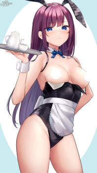 1girl absurdres animal_ear_hairband animal_ears apron arm_behind_back armpit_crease black_leotard blue_background blue_bow blue_bowtie blue_eyes bow bowtie breasts breasts_apart censored censored_nipples closed_mouth cowboy_shot cup detached_collar fake_animal_ears hairband highres holding holding_tray large_breasts leotard light_blush long_hair looking_at_viewer maid-chan_(ramchi) mole mole_under_eye original partially_undressed playboy_bunny purple_hair rabbit_ear_hairband rabbit_ears ramchi solo straight_hair strapless strapless_leotard swept_bangs teacup teapot tray two-tone_background very_long_hair waist_apron white_apron white_background white_wrist_cuffs wrist_cuffs