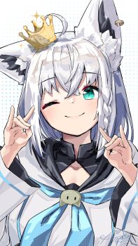 Rule 34 | 1girl, absurdres, ahoge, animal ear fluff, animal ear piercing, animal ears, blue neckerchief, closed mouth, commentary, crown, double fox shadow puppet, fox ears, fox girl, fox shadow puppet, highres, hololive, hood, hoodie, long hair, neckerchief, one eye closed, shirakami fubuki, shirakami fubuki (1st costume), smile, solo, u da desu, virtual youtuber, white hoodie