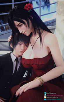 1boy 1girl 3d age_difference aged_down aged_up black_hair blender_(medium) breasts chest_bulge cleavage couple size_difference dress final_fantasy final_fantasy_vii final_fantasy_xv flower formal_clothes head_on_chest height_difference highres jewelry kudarizaka large_breasts little_boy long_hair necklace noctis_lucis_caelum older_female_and_younger_male older_female_and_younger_male portrait red_dress red_flower red_outfit red_rose rose short_hair shota size_difference straight_shota suit tifa_lockhart