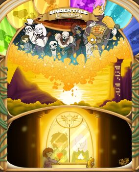 anger_vein animal_ears anniversary asriel_dreemurr blonde_hair blue_skin c!art_artwork chara_(undertale) colored_skin commentary crown delta_rune_(symbol) english_commentary everyone fins fish_girl flower flowey_(undertale) frisk_(undertale) furry furry_female furry_male goat_ears goat_girl goat_horns hat head_fins heart highres holding holding_microphone horns mettaton microphone mountain napstablook outstretched_hand papyrus_(undertale) reptile_girl sans_(undertale) signature skeleton sunset toriel undertale undyne utdr_(toby_fox) white_hat white_horns window yellow_flower yellow_skin